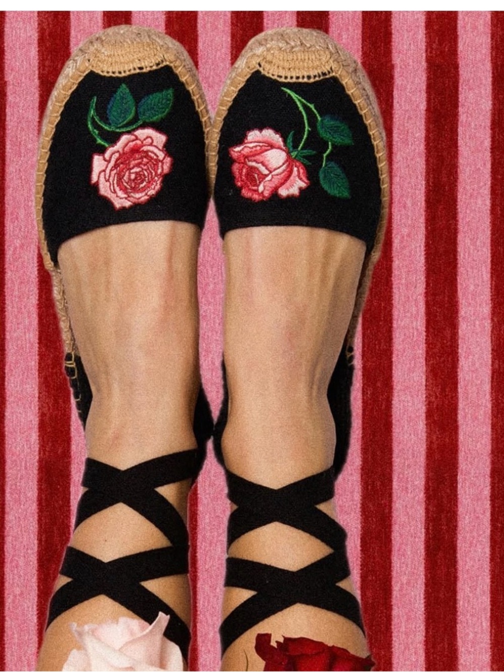Soludos Women’s Lauren Black Rose Lace Up Espadrilles Size US 9/9.5 New